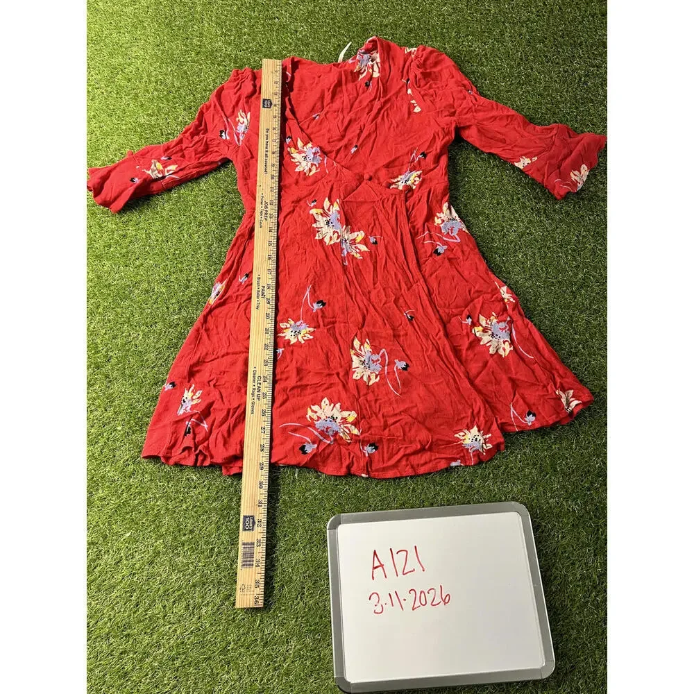 Free People‎ Red Floral Wrap Dress Size Small Bell 3/4 sleeve Mini